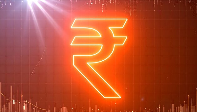 Illuminated Rupee Symbol with Financial Data Overlay and Energetic Flare