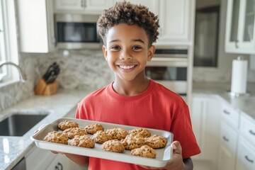 A cheerful Black teenage boy in a red t-shirt is in his kitchen with a tray of recently baked cookies, showcasing his talent and passion towards becoming a chef.