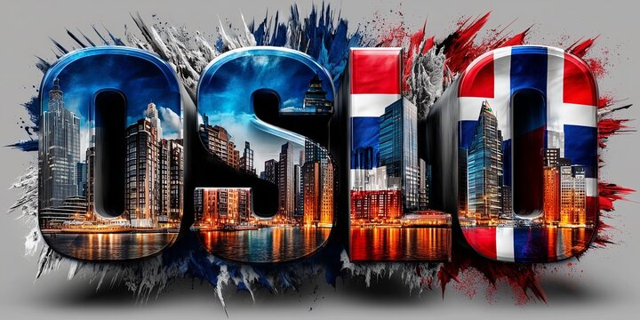 Oslo city abstract skyline silhouette, with famous buildings and landmarks, and bold letters, in national Norway colors, creating a lively and dynamic image, design celebrates urban pride.