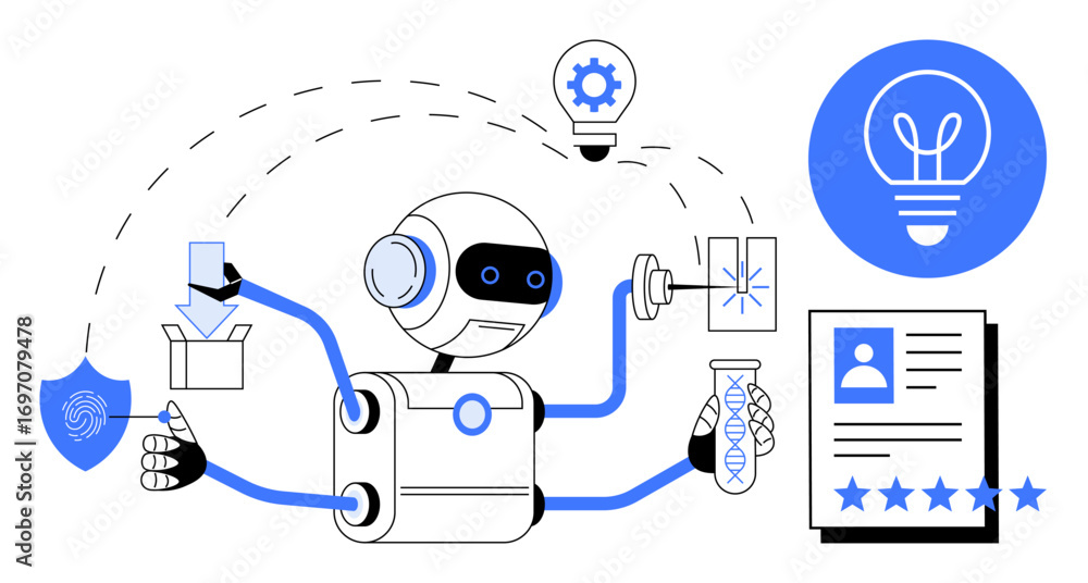 Poster robot with multiple arms handling test tube, lightbulb, document, and package amid connected icons. 