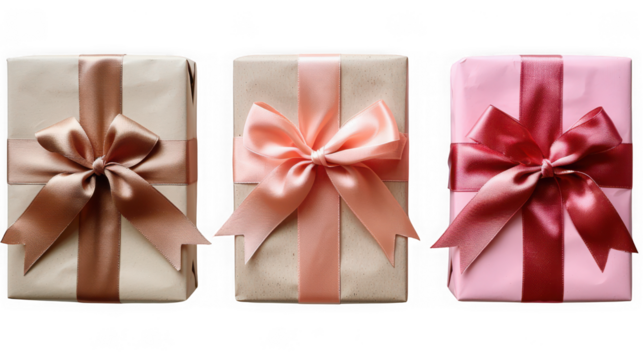 Three gift boxes isolated on transparent background, each adorned with a unique ribbon and color scheme, perfect for holiday or celebration themed designs