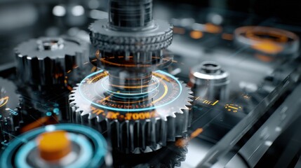 A scene showcasing a complex gear assembly with holographic indicators rotating around it to denote required torque specifications guiding a user as they prepare to tighten the components.