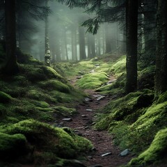 Enchanted woodland trail hidden in mist high resolution picture