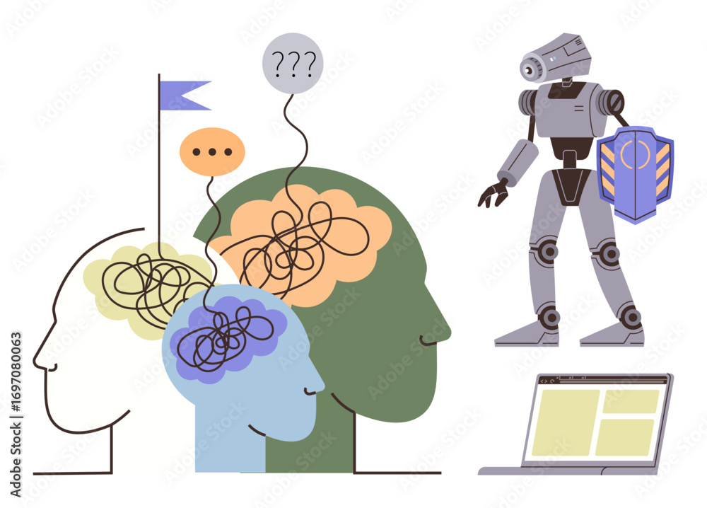 Poster tangled thoughts in human heads connected to dialogue and solutions, alongside a robot with a shield