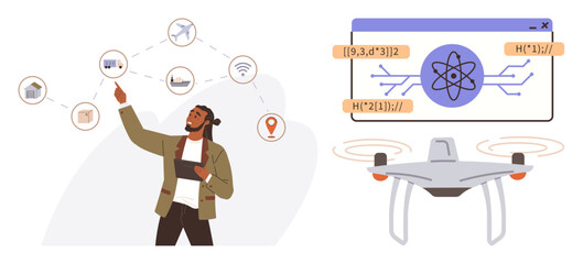 Scientist interacts with interconnected elements, quantum computing interface, and a flying Quadcopter. Ideal for technology, innovation, research, AI, automation, data science simple flat metaphor