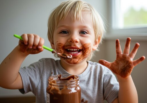 Happy boy enjoying chocolate - Powered by Adobe