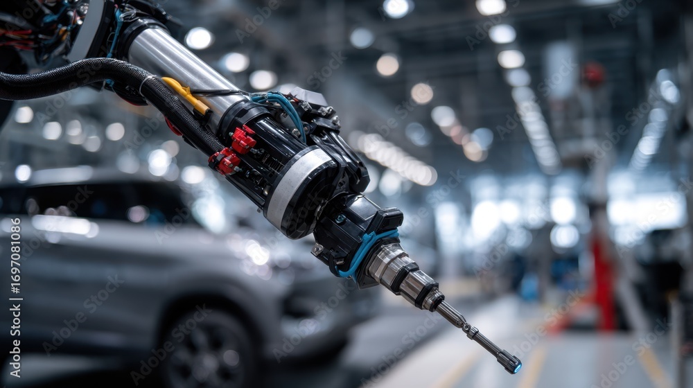 Poster closeup of a robotic arm equipped with interchangeable cleaning tools highlighting sharp mechanical 
