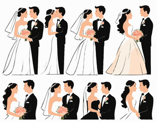 Bride and Groom Vector Illustration Set