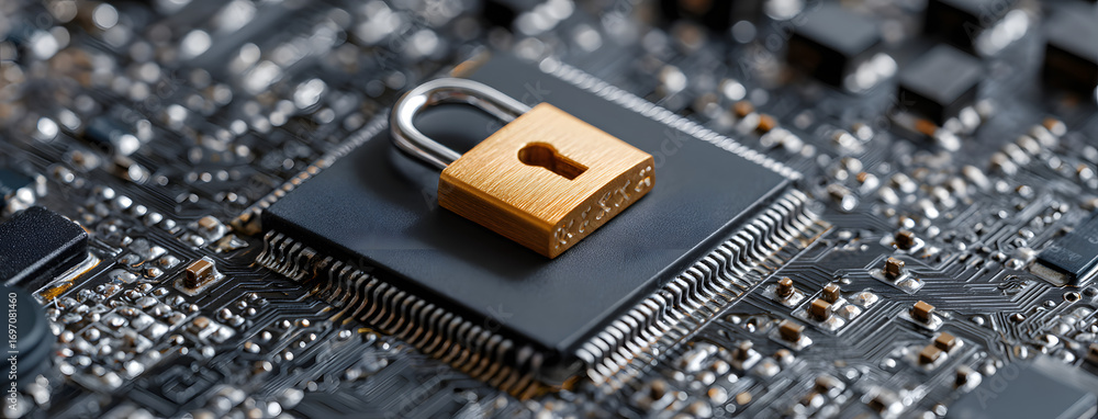 Aufkleber secure connection or cybersecurity service concept o compute motherboard closep and lock with login 