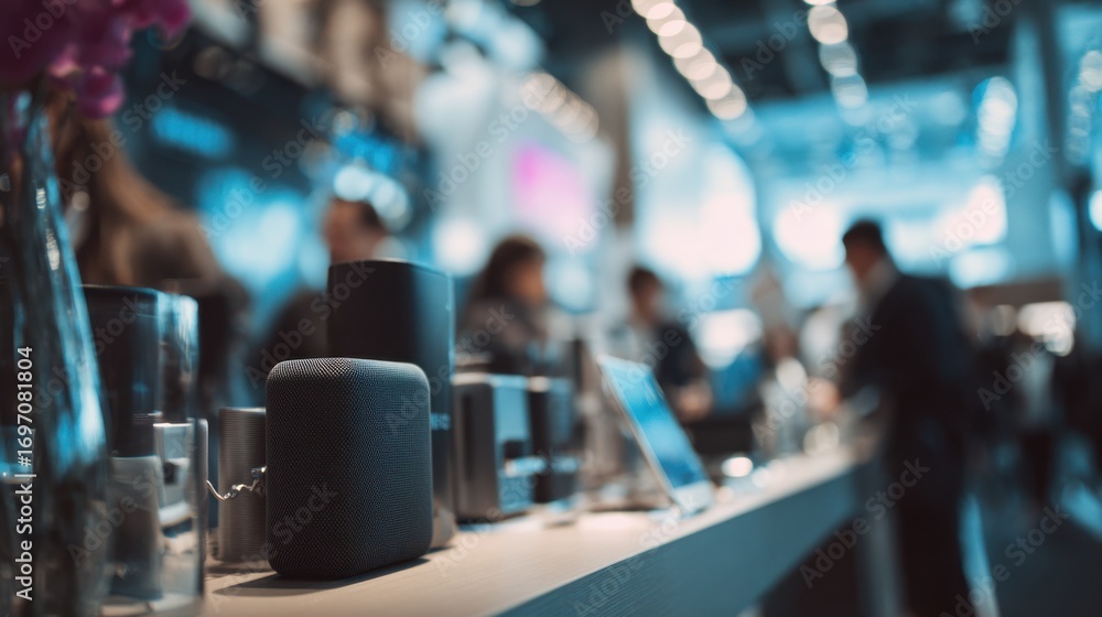 Poster medium shot focusing on a tech popup booth displaying sleek gadgets with the bustling store environm