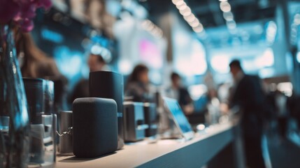 Fototapeta premium Medium shot focusing on a tech popup booth displaying sleek gadgets with the bustling store environment softly blurred to emphasize innovation.