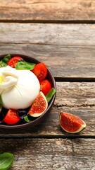 Fresh burrata salad on rustic wood