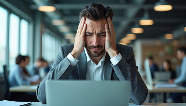 Stressed businessman holds head in hands at office desk, suffering from headache, work pressure. Overwhelmed manager sits by laptop, feeling frustrated, sick from job tasks. Exhausted employee