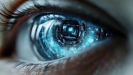 Close-up of a futuristic eye with digital circuitry, symbolizing advanced technology and vision