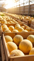 Fresh cantaloupes in wooden crates, greenhouse setting