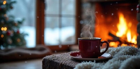 Cozy winter scene with a steaming mug near a warm fireplace, blankets, and snow falling gently outside a window Perfect for winter, holiday, and cozy themes , house, drink