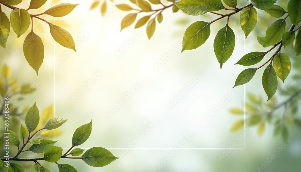 Poster nature background with fresh green leaves framing abstract white copy space. tree branches with foli