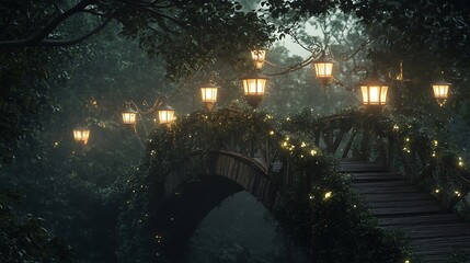 Fairy tale forest bridge with golden lights high resolution picture