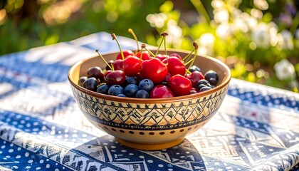 Fresh cherries and blueberries in a bowl outdoors