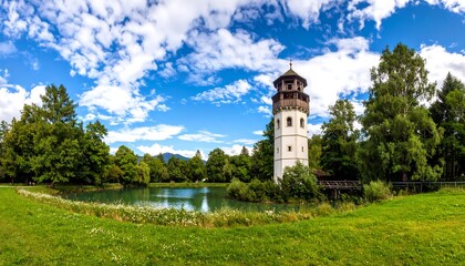 Idyllic lake landscape with observation tower, forests and cloudy sky