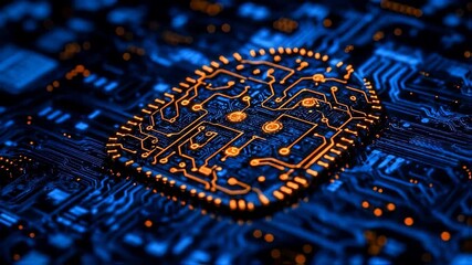 Close-up of a glowing microchip on a circuit board with intricate patterns and vibrant colors - Powered by Adobe