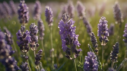 Fototapeta premium Lavender Flower Field Closeup with Purple Blooms in Natural Sunlight for Aromatherapy and Wellness