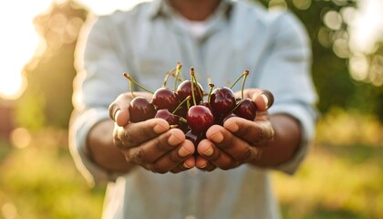 Fresh cherries held by a person's hands