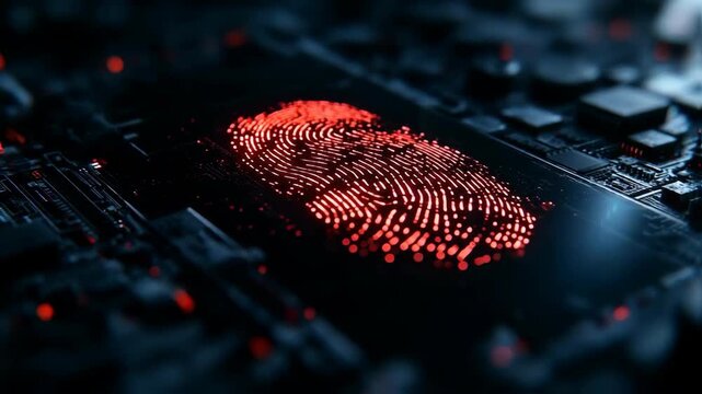 Close-up of a glowing red fingerprint on a circuit board, symbolizing digital security and technology - Powered by Adobe