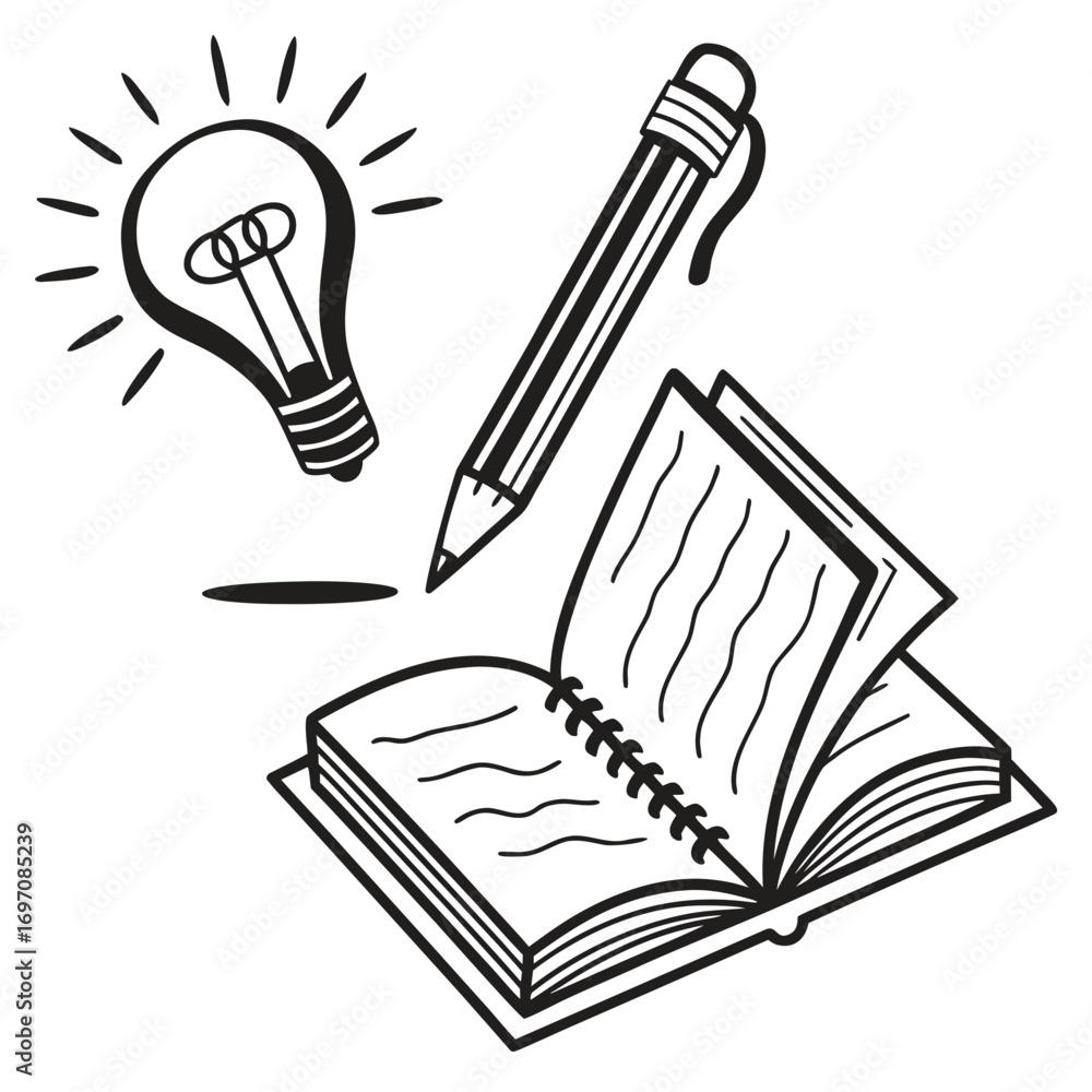 Poster illustration of a light bulb, pencil, and open notebook, conveying concepts of ideas and writing pro