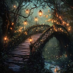 Fantasy forest bridge shining with warm lanterns high resolution picture