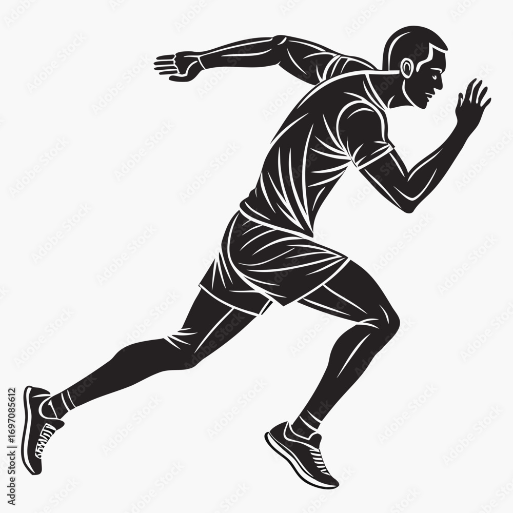 Poster illustration of a male athlete running with arm extended in a dynamic pose on a white background cre