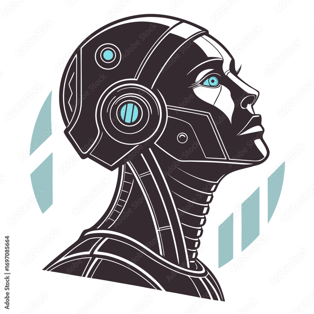 Poster illustration of a female robot with blue eyes looking up and geometric shapes in the background desi