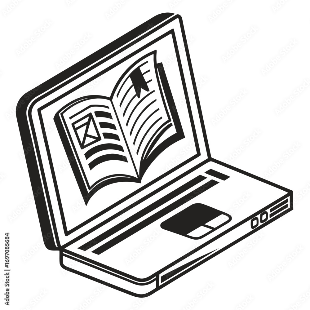 Poster a laptop displaying an open book with a bookmark on its screen in a black and white line drawing sty
