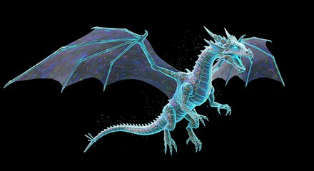 Digital Glowing Blue Dragon Isolated on Black Background