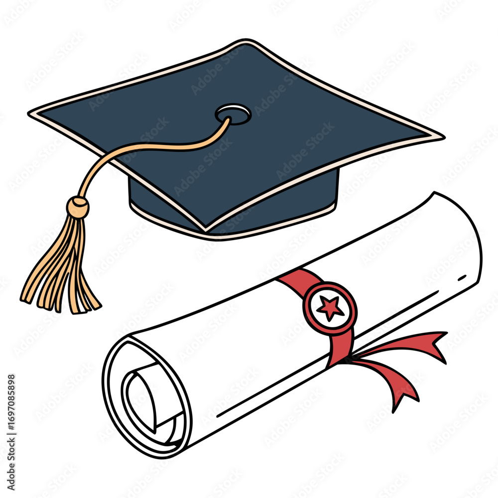 Poster illustration of a graduation cap with a tassel and a diploma scroll tied with a red ribbon and star 
