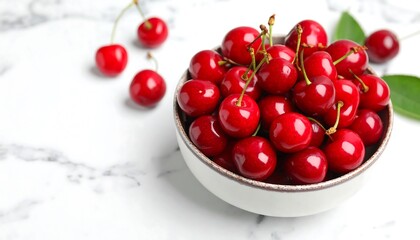 Fresh cherries in a bowl on marble