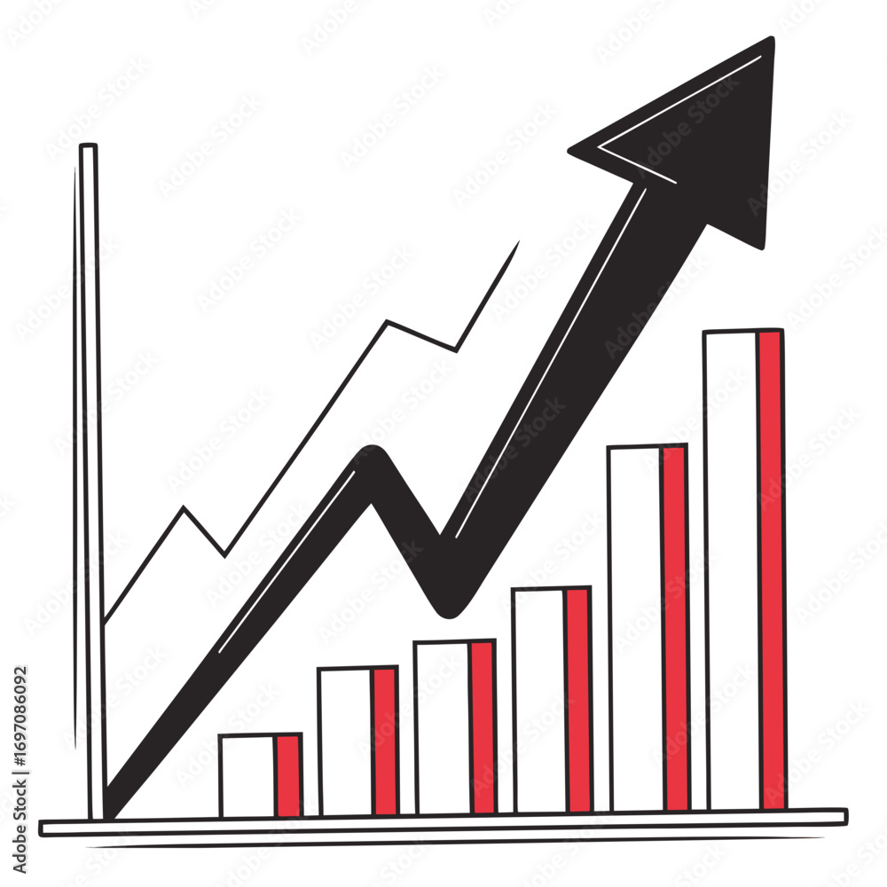 Poster illustration of a growing bar graph with a rising arrow and a line graph indicating growth created w