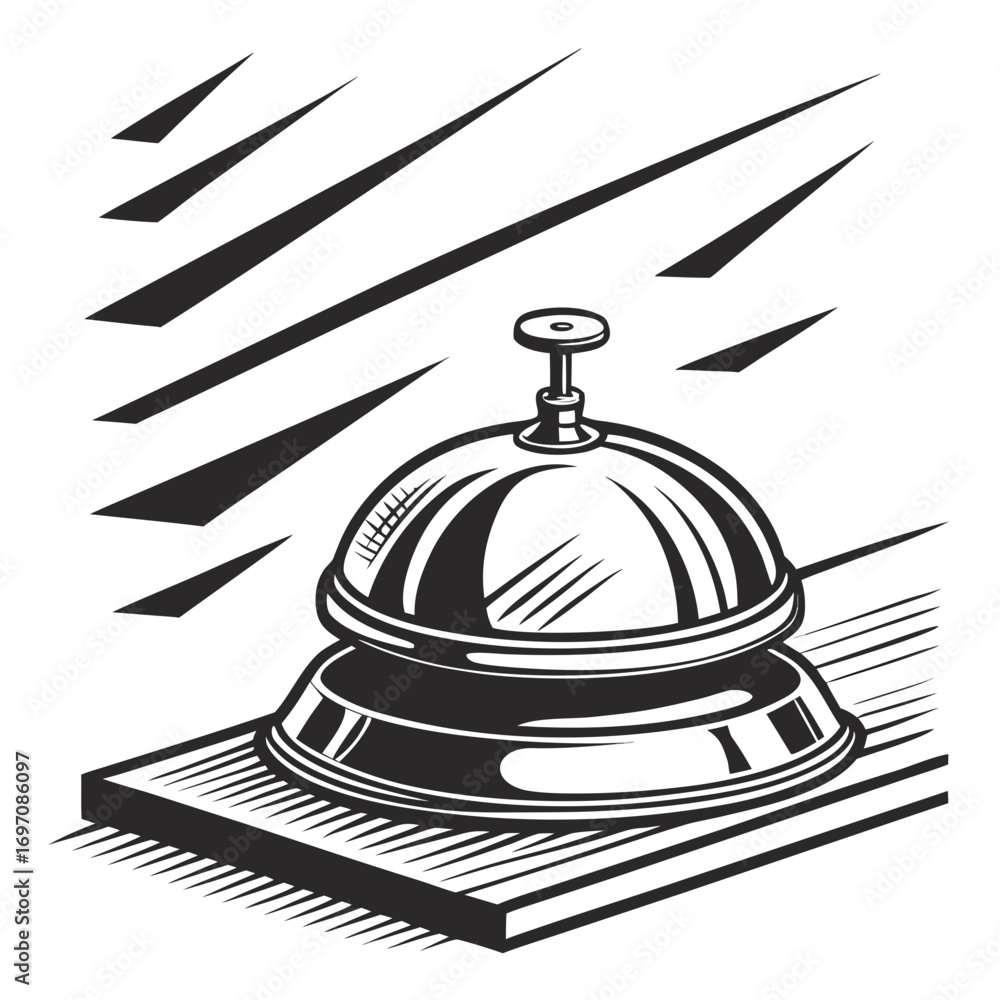 Poster illustration of a vintage service bell on a wooden surface with abstract background elements design 