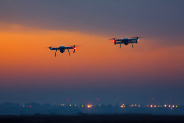 invisible military drones patrol border at dusk quietly observing nearby city as sun sets
