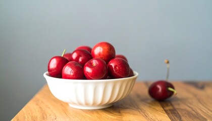 Fresh cherries in a white bowl on a wooden table