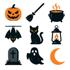 Silhouette set gravestone vector flame cauldron halloween moon bat cross ghostly icon