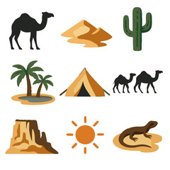 Sand silhouette trees icons desert sun icon adventure palm vector caravan tent