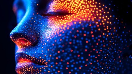 Abstract dotted portrait of a person with neon blue lighting and glowing orange specks. - Powered by Adobe