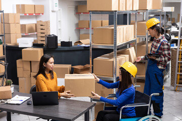 Woman in wheelchair working in a local brand retail distribution hub, managing goods and express...