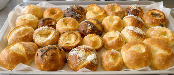 Variety of Bread Rolls Arranged on Tray