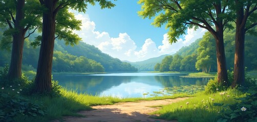 Tranquil Central Ohio landscape illustration. Serene lake reflects rich green hills under bright blue sky with fluffy clouds. Dirt path leads to water edge, bordered by vibrant wildflowers, tall