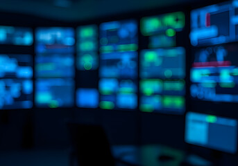 Blurred Cyber Security Control Room Screens Background