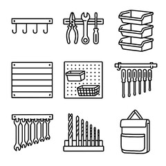 Holder hooks icon wall rack bin tool baskets drill storage icons vector