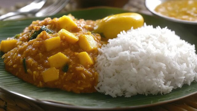 A delicious serving of Indian-style rice with a hearty curry, garnished for an appetizing presentation. The meal is rich in flavorful spices and aromatics.
