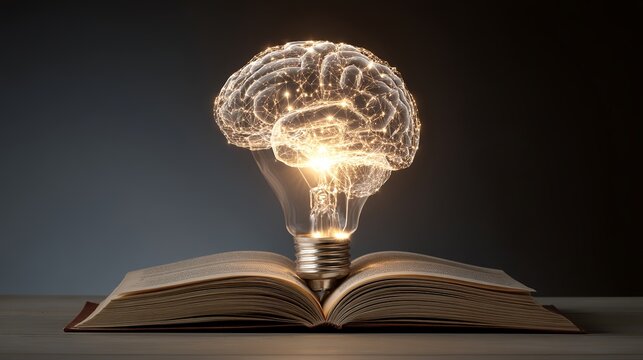 Unlock your mind with a stunning brain lightbulb above an open book, perfect for innovative learning and educational resources online